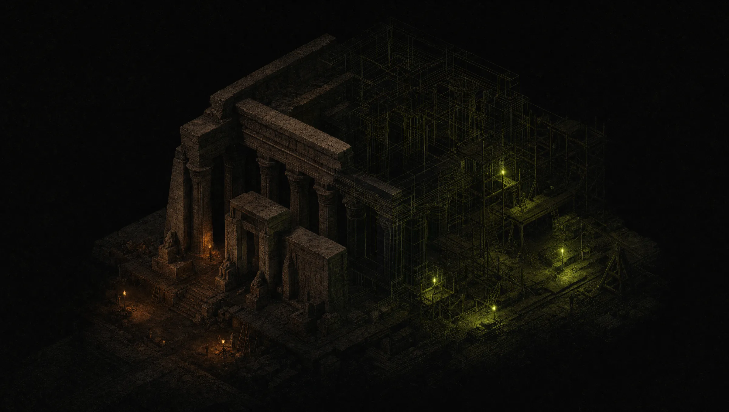 An isometric slice of an ancient Egyptian temple under construction at night, scaffolding in lime light, one half rendered in fine detail and the other half still wireframe.