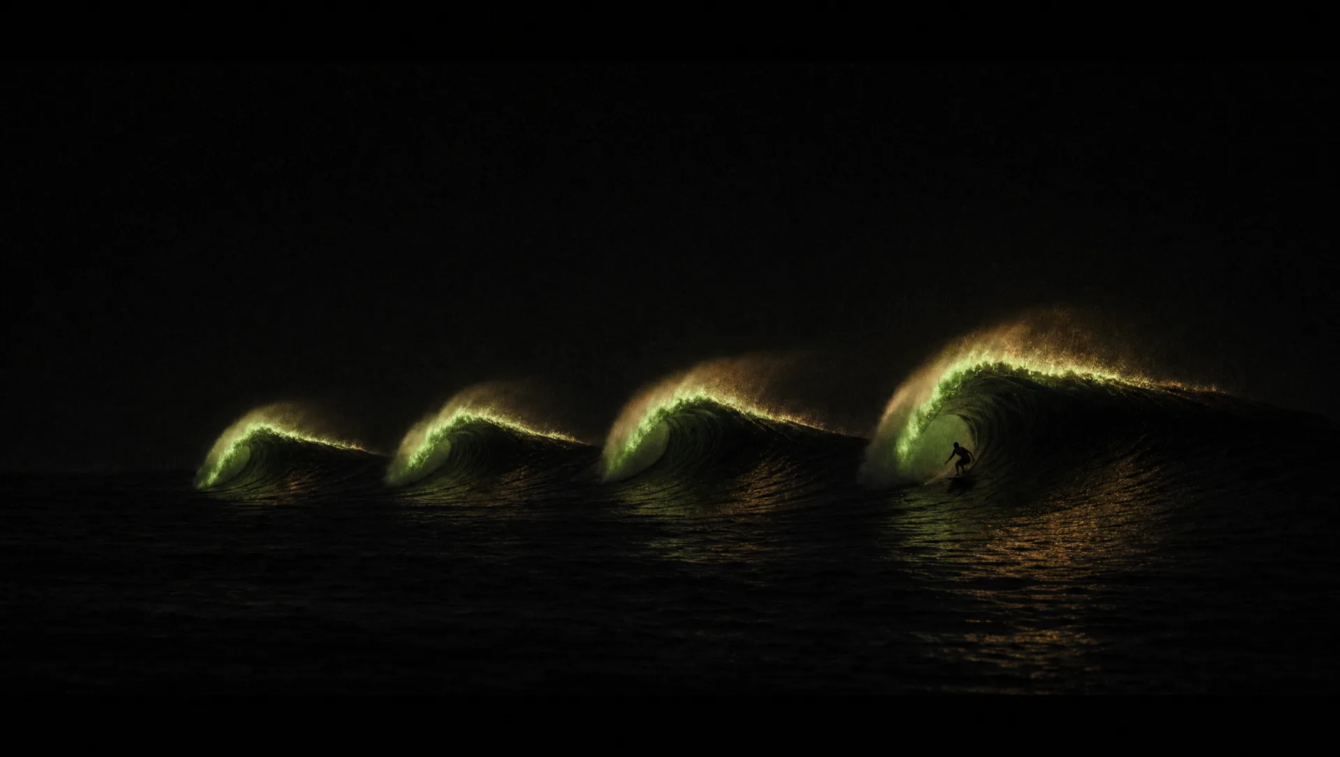 Four ocean waves cresting in sequence at night with lime-green bioluminescent foam, a lone surfer riding the newest and biggest wave.