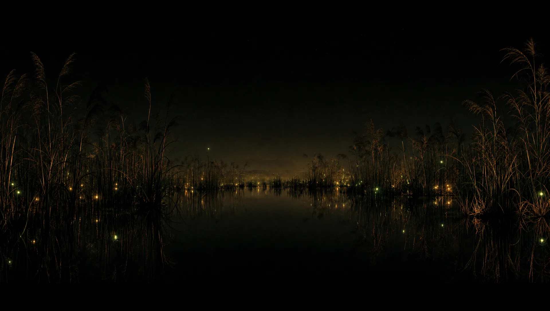 A dark marsh of tall reeds reflected in still black water, fireflies of lime and amber light, evoking the Egyptian field of reeds, Aaru.