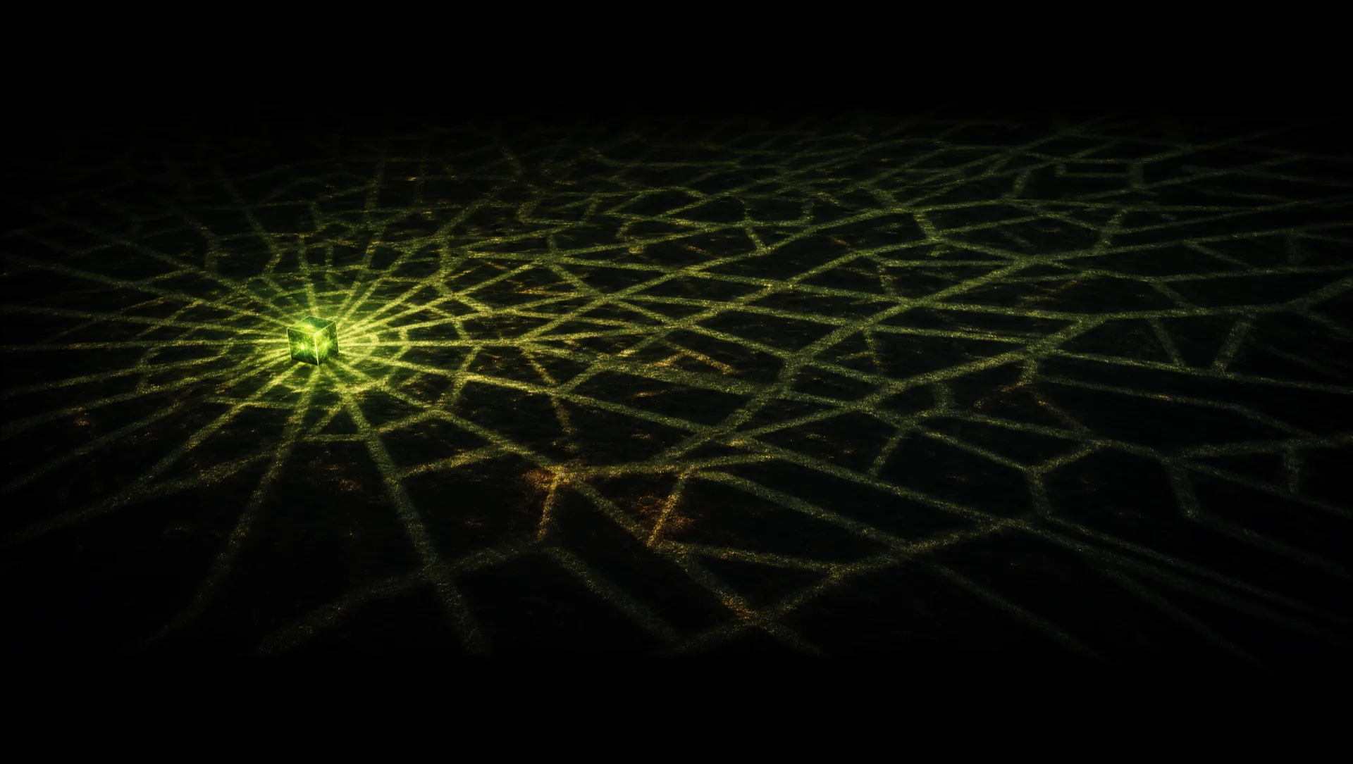 A single small glowing cube on a dark floor radiating an enormous branching network of lime-green reasoning paths far larger than itself.