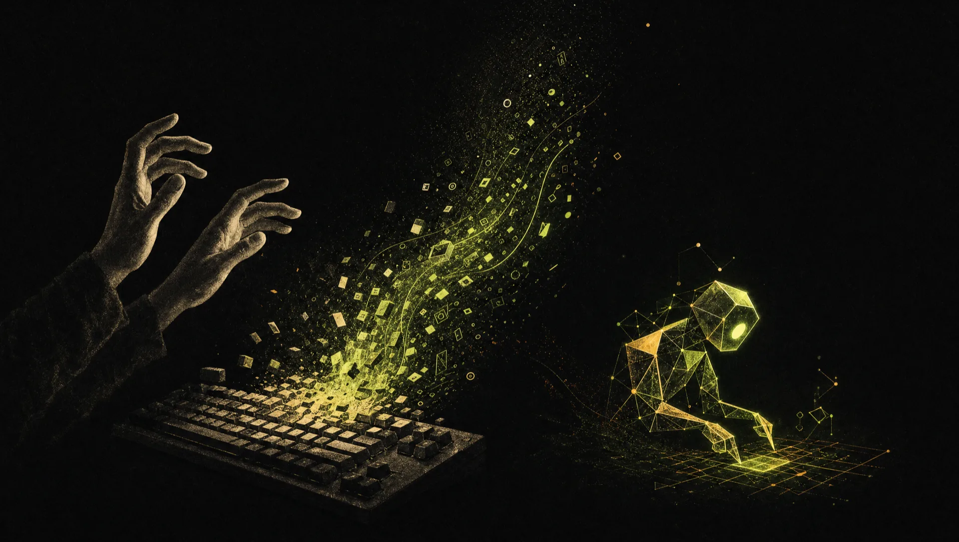 Hands lifting away from a mechanical keyboard whose keys dissolve into a rising stream of glowing lime language that reassembles into a small agent form.