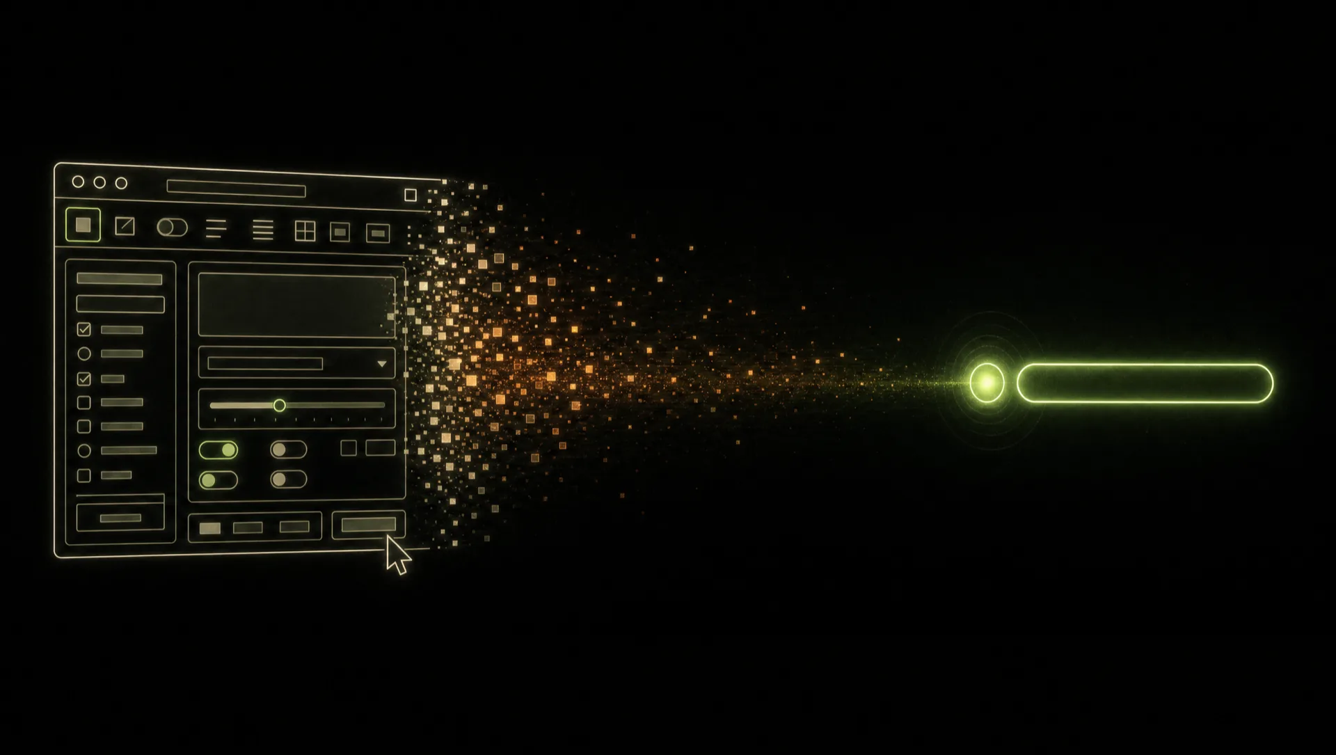 A classic app window full of buttons, toggles and sliders dissolving into pixels that reassemble on the right into a single glowing intent bar beside a pulsing agent node.